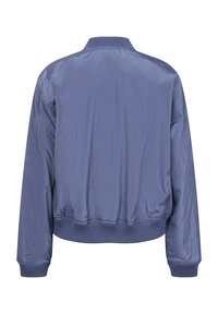 Marineblaues Bomberjackett mit glatter, glänzender Oberfläche. Mit gerippten Bündchen und Saum sowie einem klassischen, lässigen Schnitt. Keine sichtbaren Taschen.