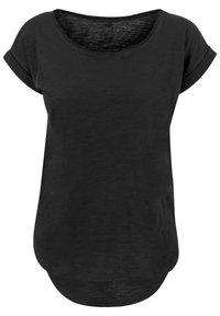 Black short-sleeve top with a scoop neckline, lightweight fabric, relaxed fit, and a rounded hem at the back. Simple, seamless design.