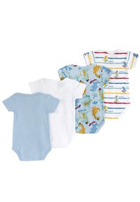 Set med fyra babybodyar: ljusblå, vit, och två mönstrade i blått med dinosaurier och ränder i gult, rött och grönt. Korta ärmar.