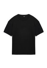 Sort T-shirt lavet af bomuld med korte ærmer, rund halsudskæring og løs pasform. Har en glat overflade uden synlige mønstre eller detaljer.