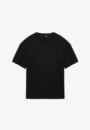 Sort T-shirt lavet af bomuld med korte ærmer, rund halsudskæring og løs pasform. Har en glat overflade uden synlige mønstre eller detaljer.