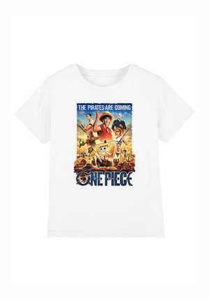 White cotton t-shirt featuring a colorful graphic print from "One Piece" with characters, text, and a pirate theme on the front.