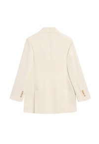 Kremfarvet skræddersyet blazer med lange ærmer og fire knapper på hvert manchet, vist bagfra på en hvid baggrund.