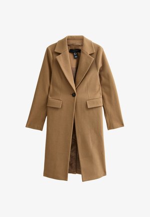 Brązowy płaszcz z wełny w mieszance z wyraźnym kołnierzem, na pojedynczy guzik oraz dwie przednie kieszenie. Gładka struktura i średnia długość.
