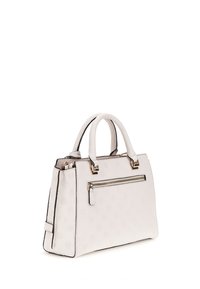 Borsa a tracolla bianca a motivo con manici doppi, hardware dorato, forma rettangolare e tasca anteriore con zip. Materiale testurizzato con dettagli a contrasto.