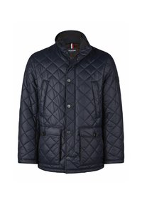 Herren navyblaue gesteppte Jacke mit Druckknopfverschluss, zwei Klappentaschen und Reißverschlusstaschen, Stehkragen mit Knopfverschluss.