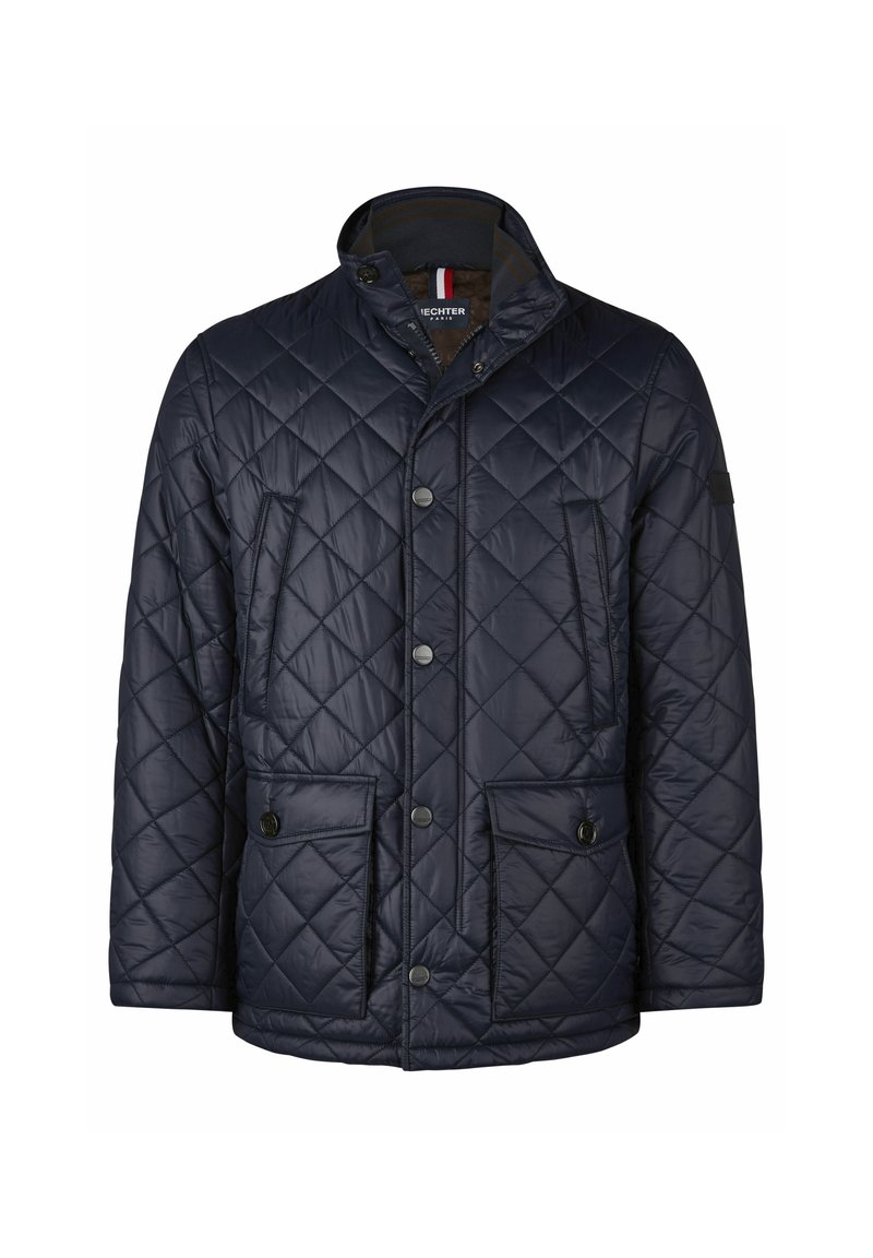 Herren navyblaue gesteppte Jacke mit Druckknopfverschluss, zwei Klappentaschen und Reißverschlusstaschen, Stehkragen mit Knopfverschluss.