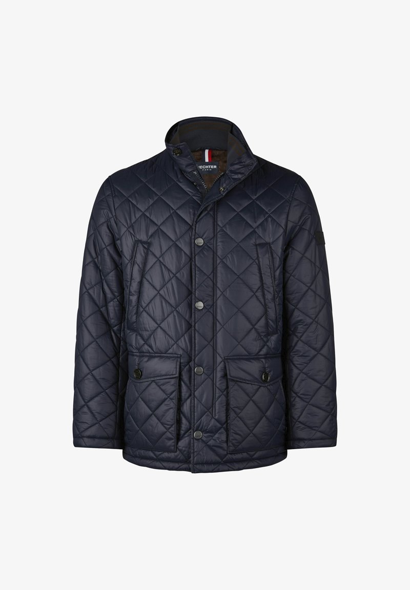 Herren navyblaue gesteppte Jacke mit Druckknopfverschluss, zwei Klappentaschen und Reißverschlusstaschen, Stehkragen mit Knopfverschluss.