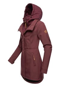 Maroon jacket with a quilted hood, zip closure, and side pockets. Features a high collar, adjustable waist, and leather accents on sleeves.