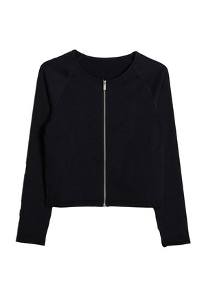 Giacca nera a coste con zip, con collo rotondo e maniche lunghe, caratterizzata da una chiusura frontale con zip e un taglio corto.