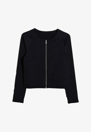Veste noire à zip côtelée avec un col rond et des manches longues, dotée d'une fermeture éclair à l'avant et d'une coupe courte.