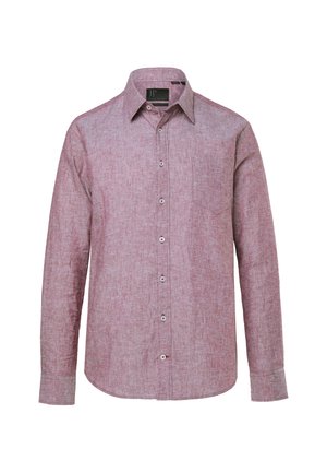 Rotes und weiß kariertes Langarmhemd aus strukturiertem Stoff, mit einer Brusttasche und durchgehendem Knopfverschluss.