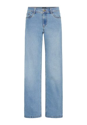 Lyseblå, vide jeans laget av denim. Har en standard livlinje, frontlommer og glidelås med knappelukking.