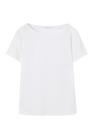 Balta īsroku T-krekls no mīksta, viegla auduma. Tam ir plats apaļš kakls un ērts piegriezums. Nav redzamu rakstu vai dekoru.