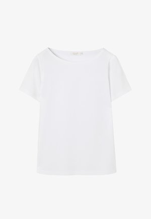 Hvid kortærmet t-shirt i et blødt, letvægtsstof. Har en bred rund hals og en afslappet pasform. Ingen synlige mønstre eller detaljer.