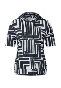 Sudadera corta con capucha de manga corta en blanco con audaces patrones geométricos negros. Cuenta con un cordón en la capucha y un corte holgado. Tejido suave.