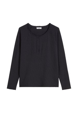 Zwarte lange mouwen shirt met een ronde hals, knoopsluiting en raglanmouwen. Gemaakt van een zachte, gestructureerde stof. Eenvoudig ontwerp.