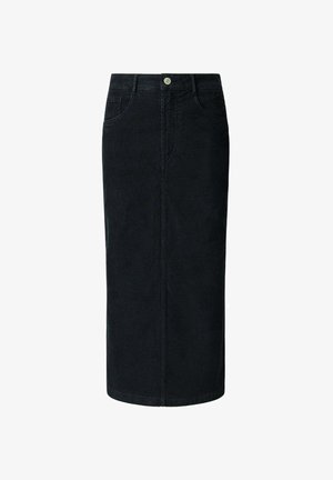 Črna kordurojska midi krila s pravim krojem, ki vključuje sprednje žepke in en sam kovinski gumb za zapiranje v pasu. Mehka tekstura.