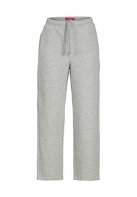 Pantalones de chándal grises hechos de una tela suave, con una cinturilla elástica con cordón y bolsillos laterales, diseño de pierna recta.