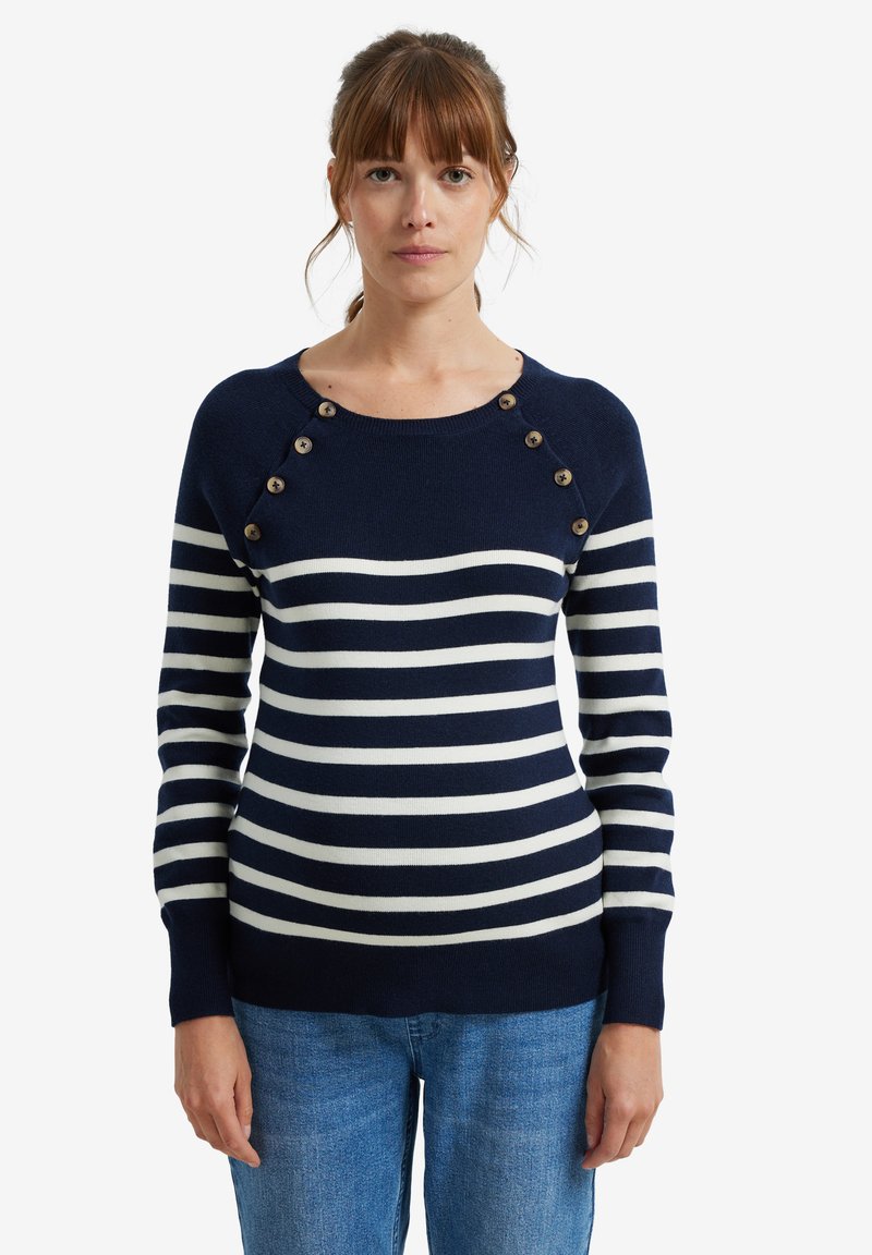 Marineblauer und weiß gestreifter Pullover mit Rundhalsausschnitt, Knopfakzenten an den Schultern und gerippten Bündchen. Weiche Stricktextur.