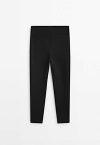 Leggings noirs en tissu extensible, avec une taille large, coupe ajustée et texture lisse, sans motifs ni accents visibles.