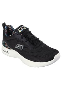Scarpa atletica nera con tomaia in mesh, suola bianca imbottita e rivestimento interno con motivo floreale. Presenta una chiusura con lacci e un accento con logo.