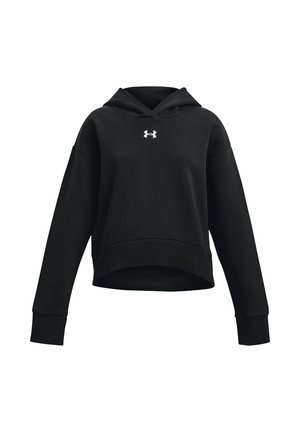 Čierna krátka mikina s dlhými rukávmi, kapucňou, rebrovaným lemom a bielym logom Under Armour na hrudi.