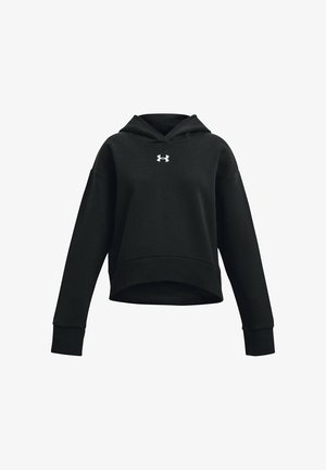 Juodas trumpintas gobtuvas su ilgomis rankovėmis, gobtuvu, ribota apačia ir baltu Under Armour logotipu ant krūtinės.