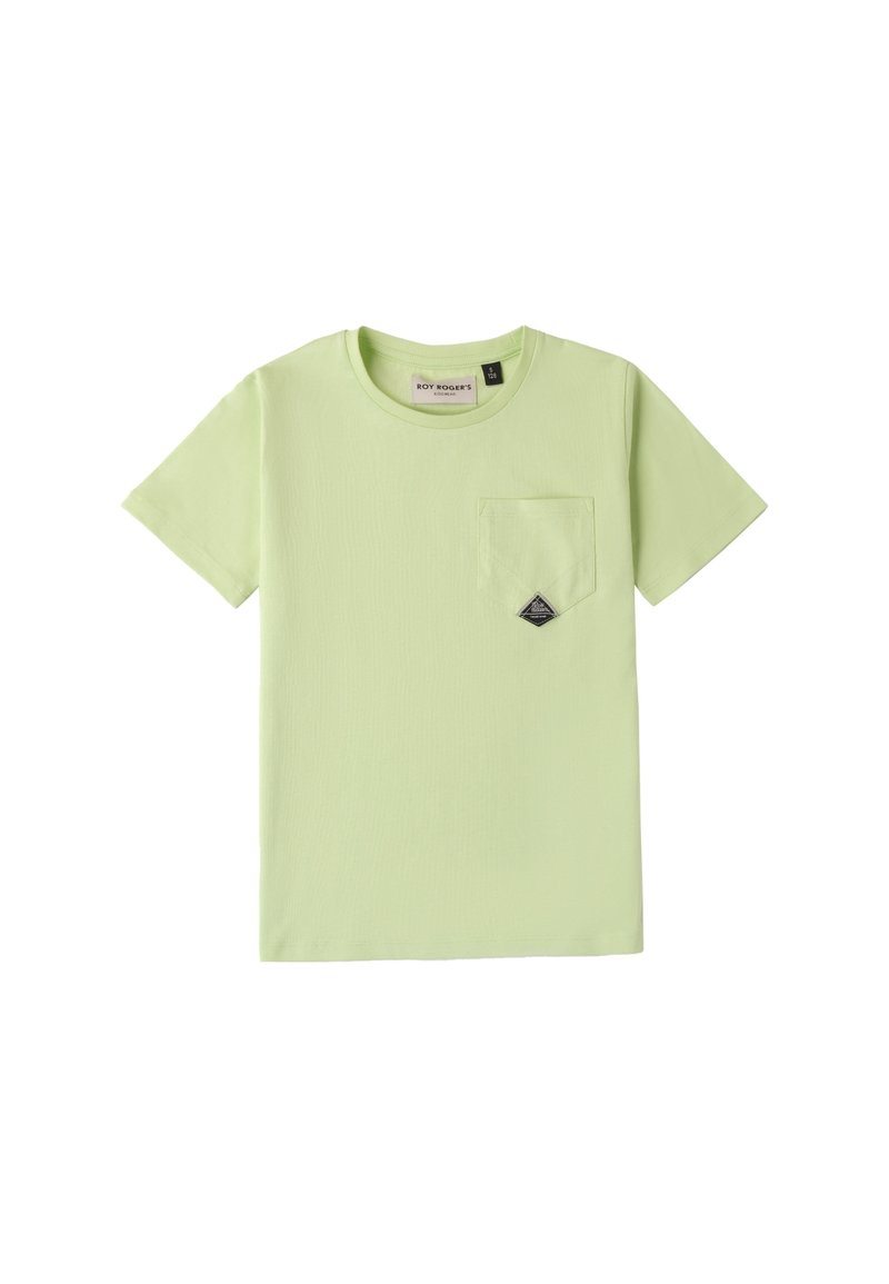 Camiseta de manga corta verde claro hecha de algodón suave, con un bolsillo en el pecho que tiene una etiqueta negra triangular y un escote redondo.