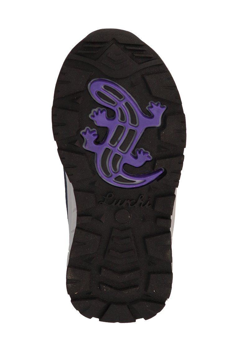 Schwarze Gummiaußensohle mit einem strukturierten Grip-Muster und einem lila Echsen-Design in der Mitte, auf dem der Markenname "Lurchi" eingeprägt ist.