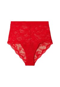 Rote Spitzen-Unterwäsche mit hoher Taille, die ein florales Muster, durchsichtige Einsätze und einen glatten Bund aufweist, mit gekerbten Kanten.
