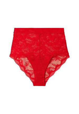 Rote Spitzen-Unterwäsche mit hoher Taille, die ein florales Muster, durchsichtige Einsätze und einen glatten Bund aufweist, mit gekerbten Kanten.