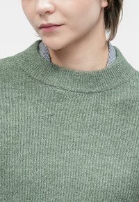 Primer plano de la parte inferior de la cara y el cuello con un suéter de lana verde sobre un cuello de camisa de cuadros en blanco y negro.