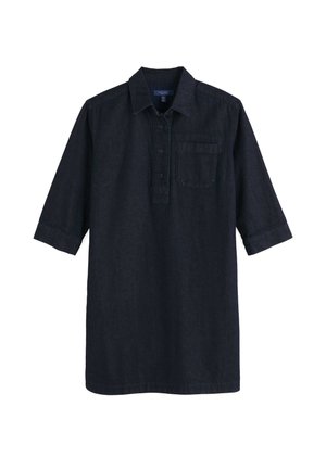Džínsová tuniková košeľa tmavomodrej farby, s golierom, polovičným zapínaním na gombíky, jedným náprsným vreckom a trojštvrťovými rukávmi.