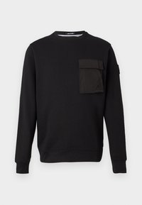 Black sweatshirt with a round neck, long sleeves, and a chest pocket. Made of a soft material with a smooth texture and simple design.