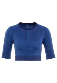 Top corto de manga corta en azul marino, hecho de tela de punto texturizada, con un patrón acanalado y un diseño ajustado con cuello redondo.