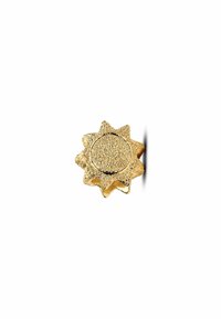 Goldfarbene, sonnenförmige Hardware mit einer strukturierten Oberfläche und einem glatten zentralen Bereich, der spitze Kanten und eine kleine Fassung aufweist.