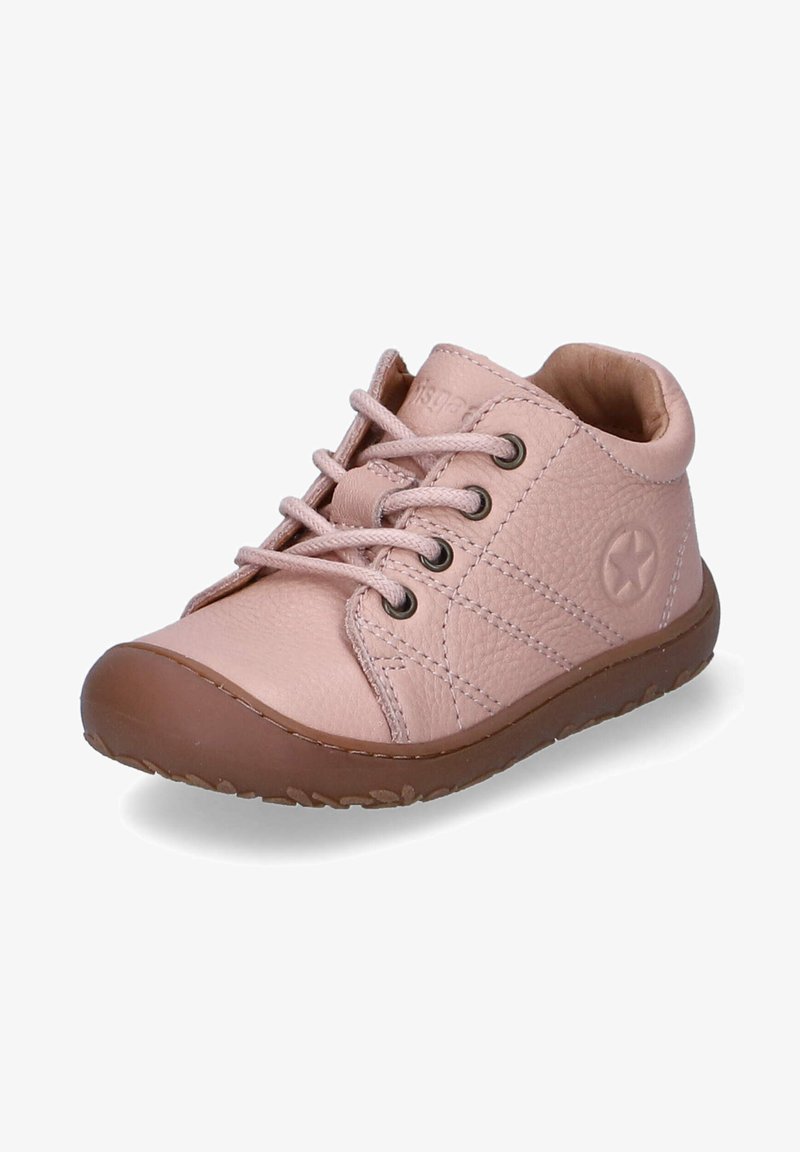 Pink leather shoe with a rounded toe, textured upper, and brown rubber sole. Features include laces and a star emblem on the side.