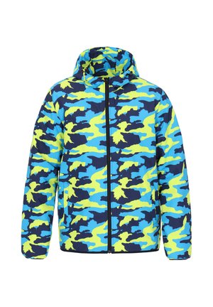 Camouflage jacket in blue and neon green, featuring a hood, full-length zipper, elastic cuffs, and a lightweight, smooth texture.