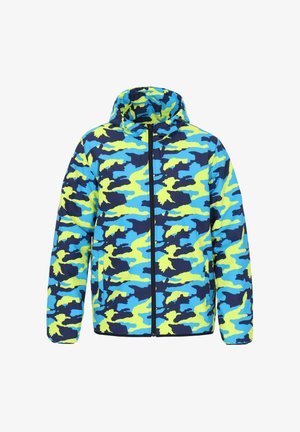 Camouflage jacket in blue and neon green, featuring a hood, full-length zipper, elastic cuffs, and a lightweight, smooth texture.