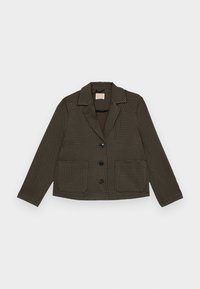 Brun og grønn mønstret jakke med notched krage, tre svarte knapper foran og lange ermer. Kort design, teksturert stoff.