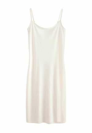 White silky slip dress with thin adjustable shoulder straps, knee-length, and a straight silhouette.