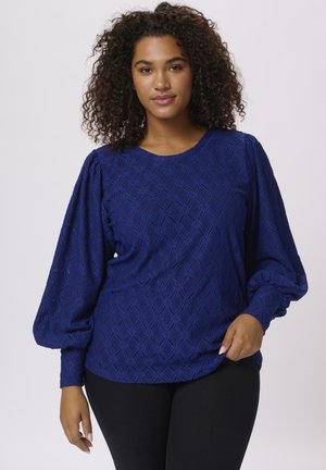 Blue textured blouse with puffed long sleeves, featuring a diamond pattern and a round neckline. Paired with black fitted pants.
