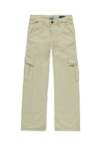 Beige cargobroek van lichtgewicht stof, met twee zijzakken en twee cargozakken, in een ontspannen pasvorm en een knoopsluiting.