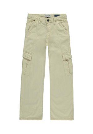 Beige cargobroek van lichtgewicht stof, met twee zijzakken en twee cargozakken, in een ontspannen pasvorm en een knoopsluiting.