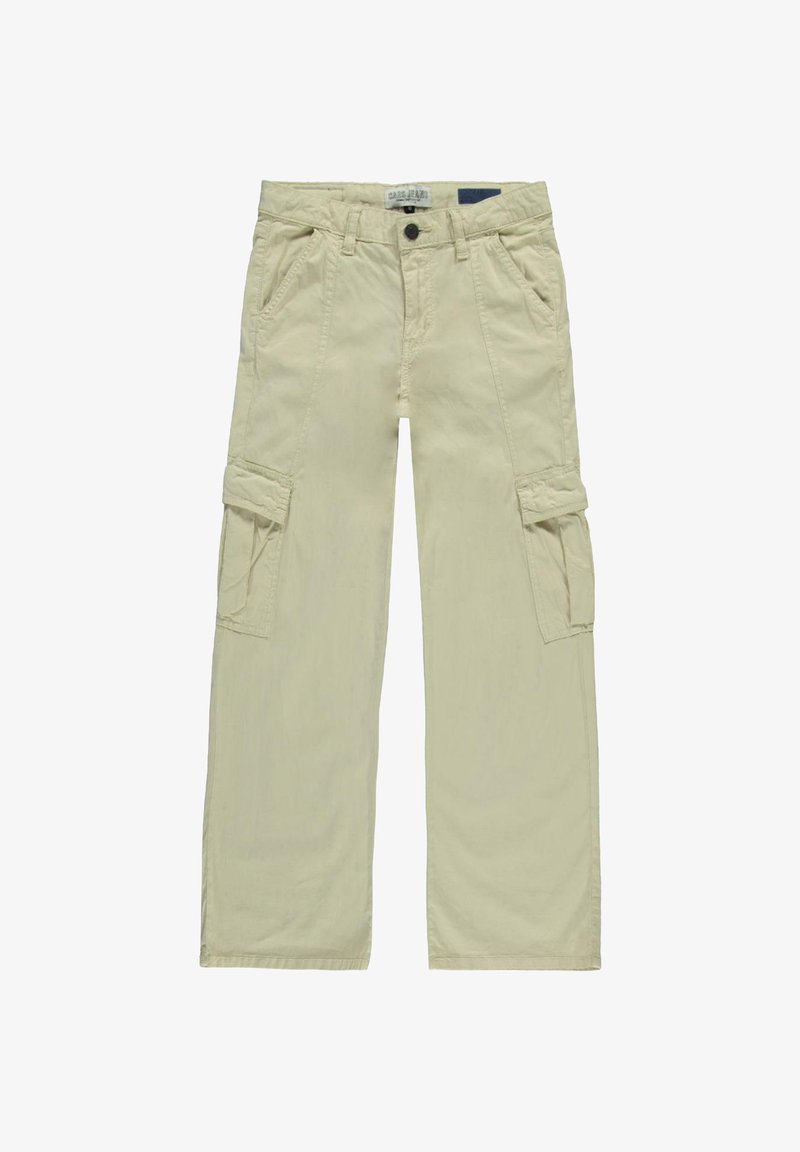 Beige cargobroek van lichtgewicht stof, met twee zijzakken en twee cargozakken, in een ontspannen pasvorm en een knoopsluiting.