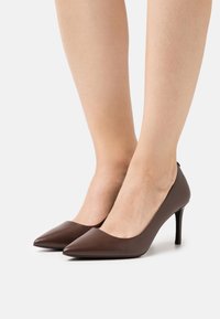 Smeđe kožne cipele s visokom potpeticom, s oštrim vrhom, glatkom teksturom i elegantnim siluetom; minimalistički dizajn bez vidljivih metalnih detalja.