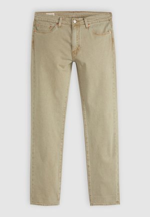 Beige denim spijkerbroek met een rechte pijp, voorzien van een knoop- en ritssluiting, voorzakken en subtiele stikseldetails.