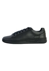 Schwarze Ledersneaker mit glatter Oberfläche, runder Zehenform, Schnürverschluss und strukturiertem schwarzen Gummisohle. Minimalistisch ohne sichtbare Akzente.