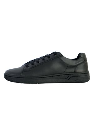 Black leather sneaker with a smooth finish, round toe, lace-up design, and textured black rubber sole. Minimalist with no visible accents.